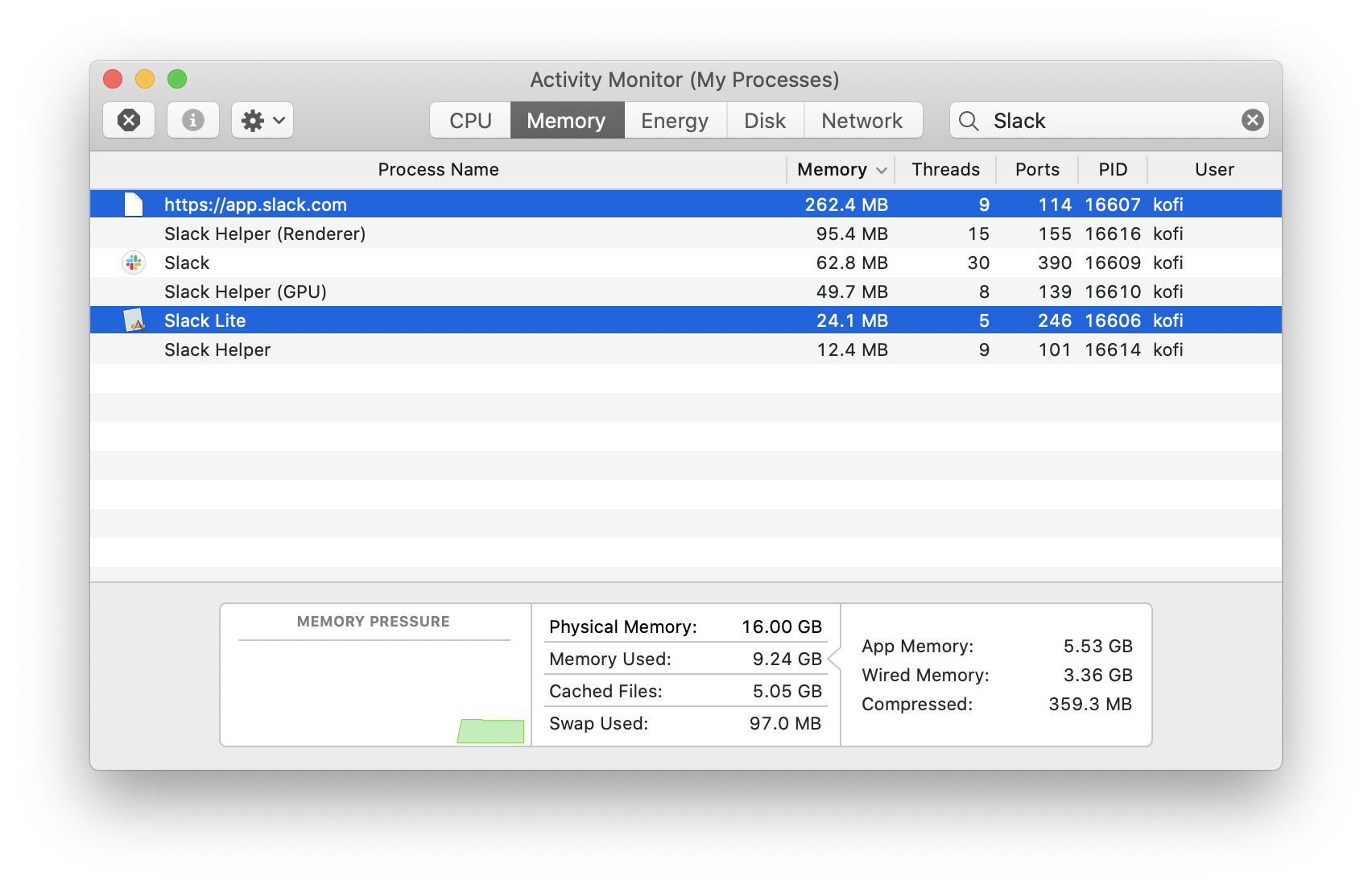 
Table from Activity Monitor's Memory tab:
Highlighted: https://app.slack.com, Memory: 262.4 MB.
Slack Helper (Renderer), Memory: 95.4 MB.
Slack, Memory: 62.8 MB.
Slack Helper (GPU), Memory: 49.7 MB.
Highlighted: Slack Lite, Memory: 24.1 MB.
Slack Helper, Memory: 12.4 MB.
